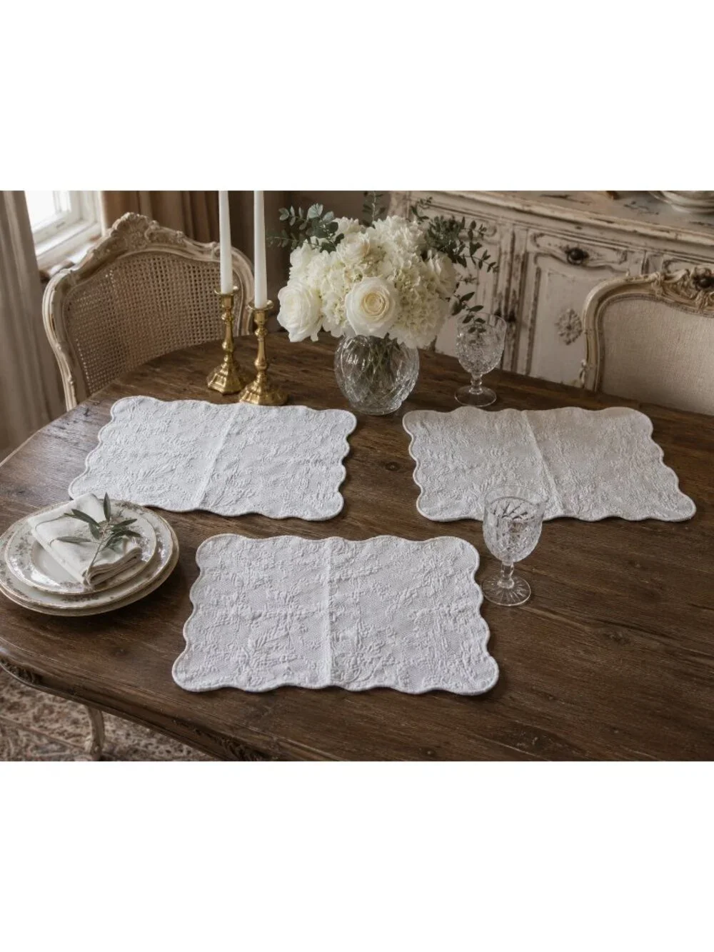 3 Vintage Portuguese Cotton Placemats Set Scalloped Edge European Cottage Decor